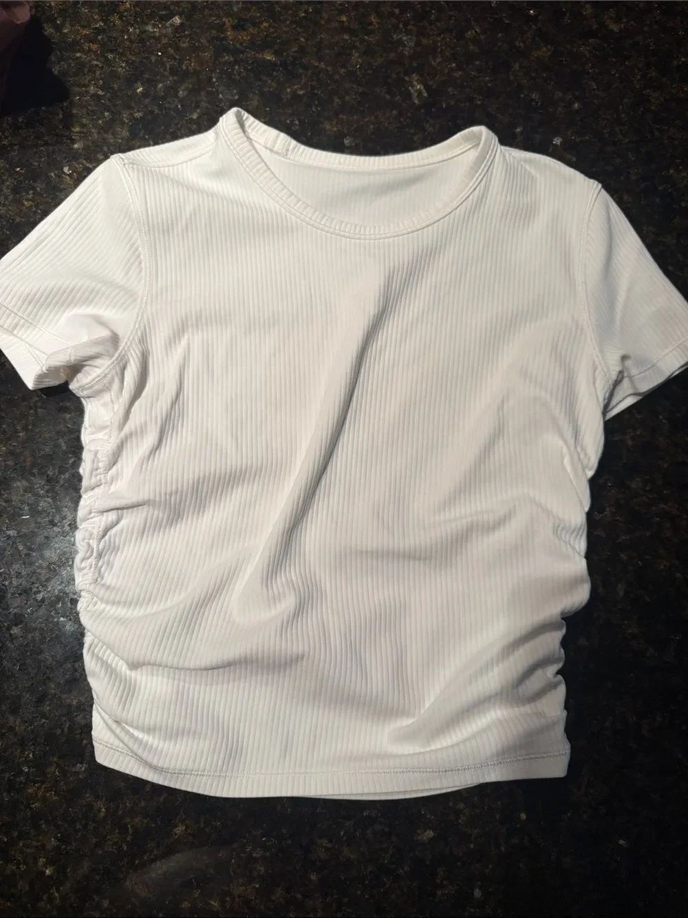 White Ribbed Short Sleeve Women’s Top Ruched Sides - Size 4 (Small) LULULEMON